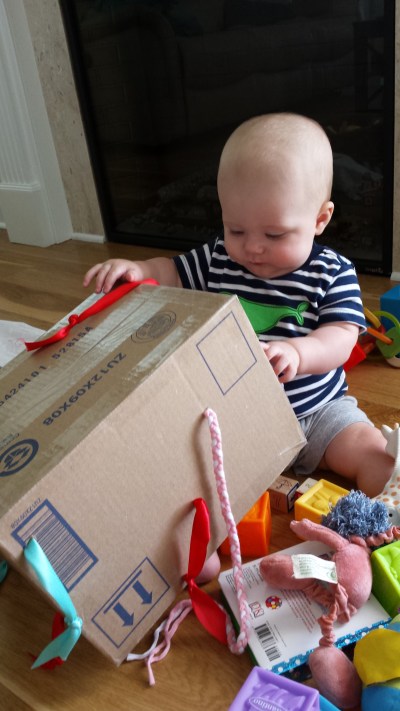 Inspecting his ribbon box